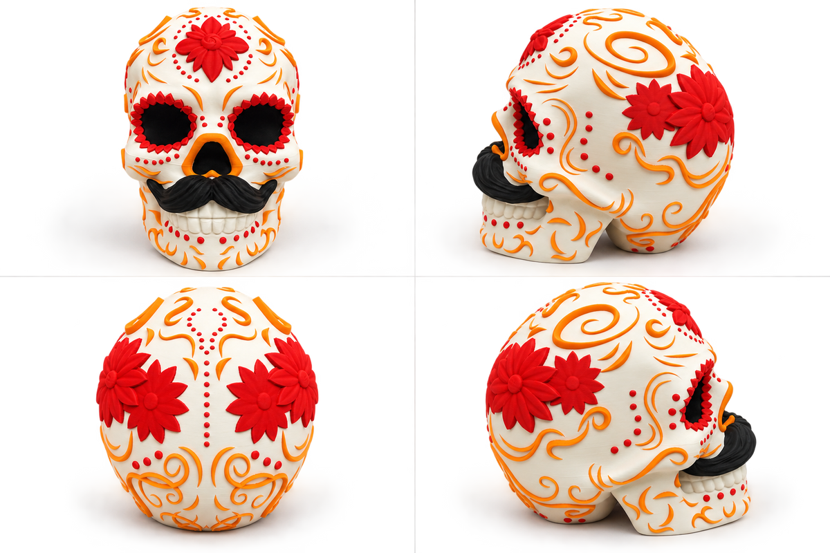 Limited edition 3D printed sugar skull with red flowers, orange details, and black mustache
