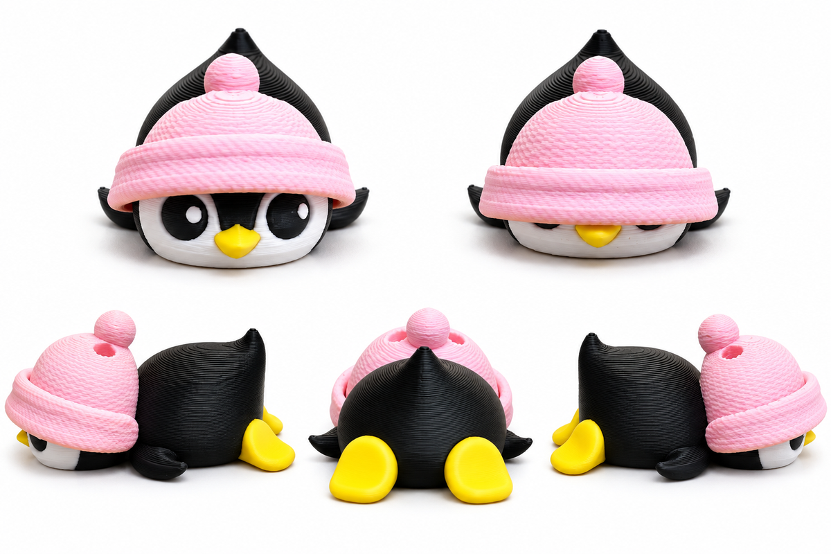 Pink hat penguin product views on white background