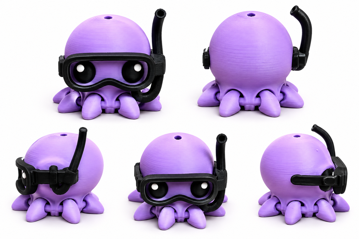 Purple 3D printed snorkel octopus on white background